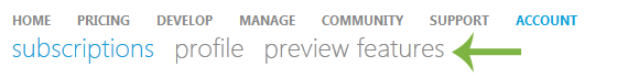 WindowsAzure.com - Preview Features Option