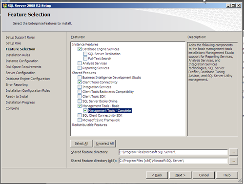 SQL Server 2008 R2 Setup - Component Selection