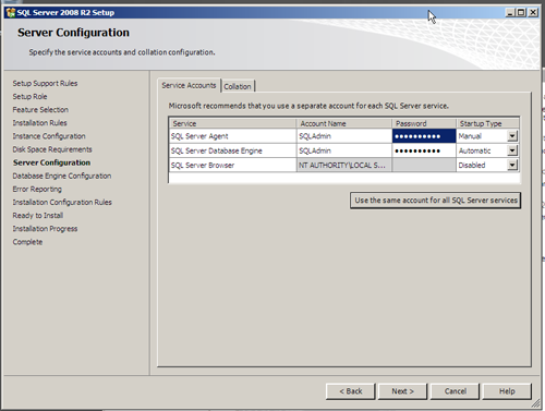 SQL Server 2008 R2 Setup - User Account Configuration