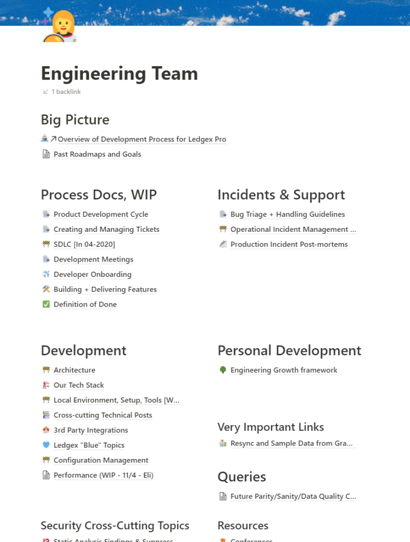 Screenshot of the Engineering landing page in docs
