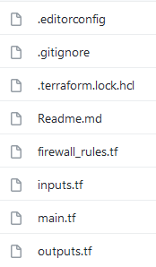 Screenshot of infrastructure folder: terraform configs for inputs, outputs, main config, and additional firewall rules