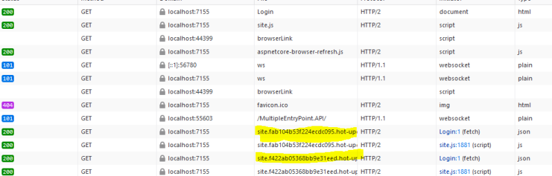 Network log with HTML page and HMR js calls