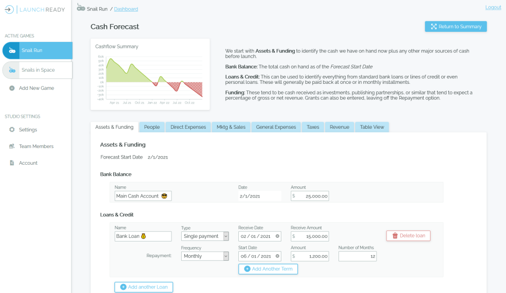 Working on the cash forecast input tabs